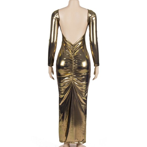 Metallia's Long Sleeve Backless Long Glossy Dress - Picture 5 of 5